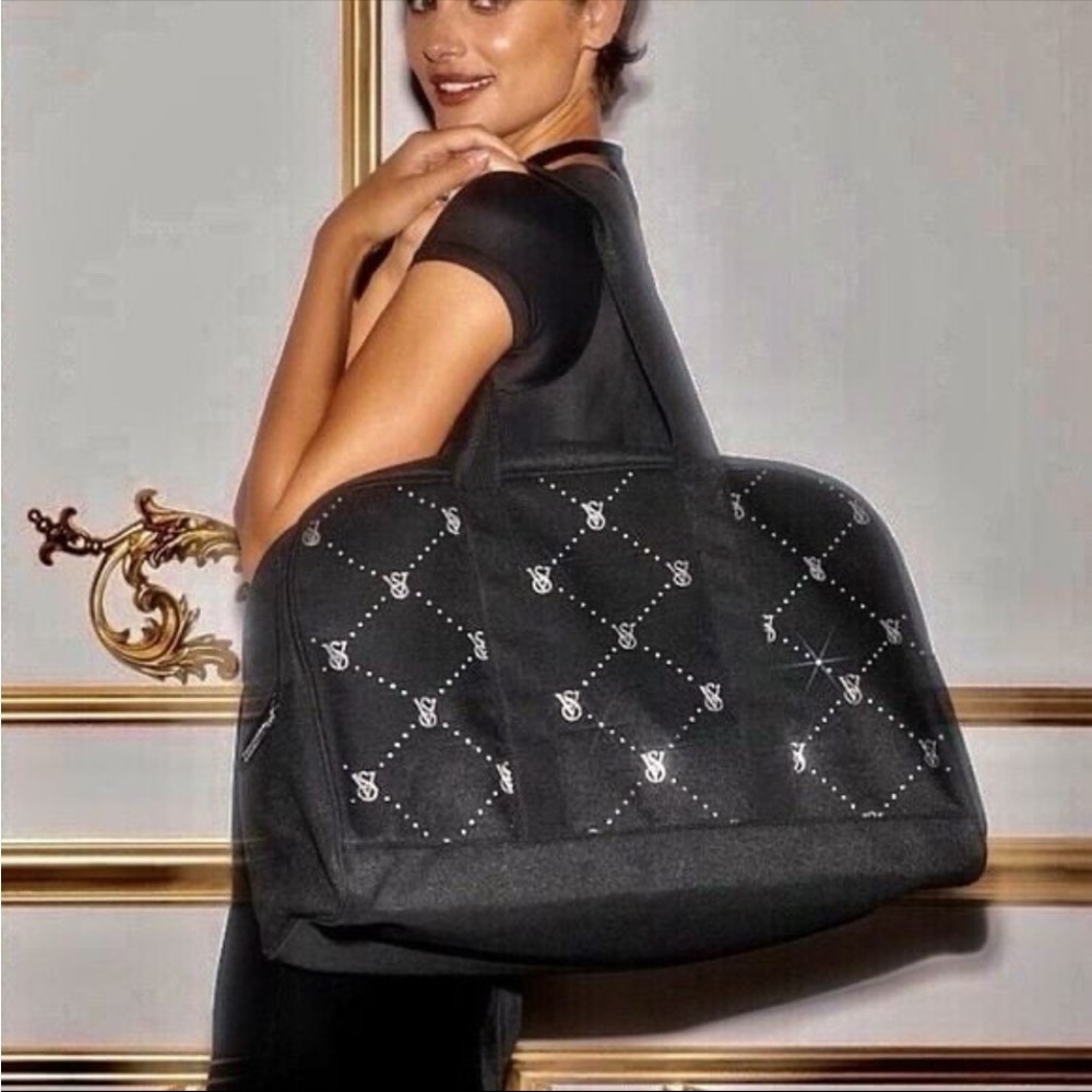 Victoria Secret VS Logo Large Weekender BLING Black Tote Zip DuffleBag
